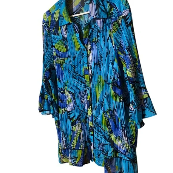 Maggie Barnes Button Up Top Women’s 1X 18/20 Accordion Pleat Bell Sleeve BoHo - Picture 13 of 16